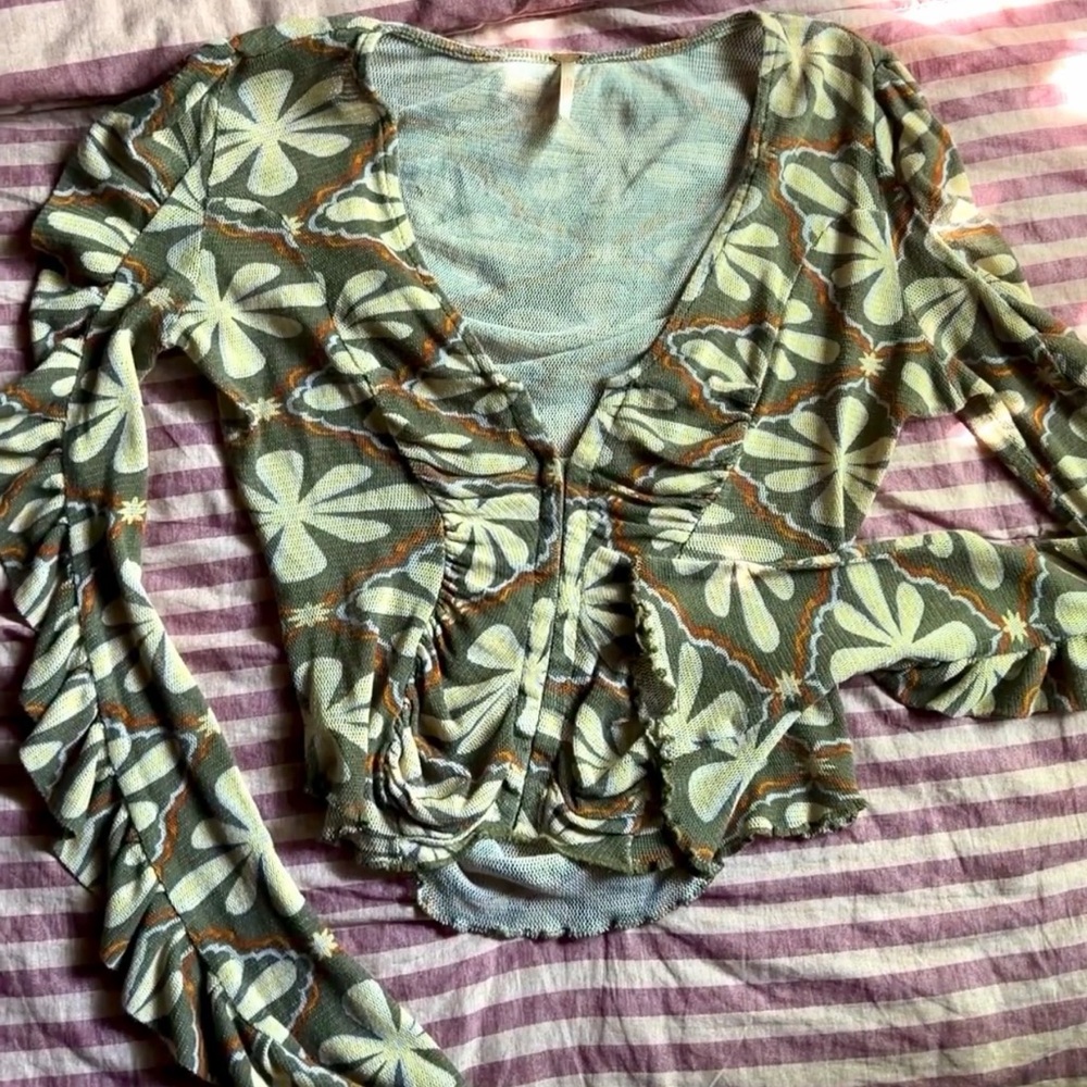 FP Women's Floral Ruched V-Neck Top in Olive Green